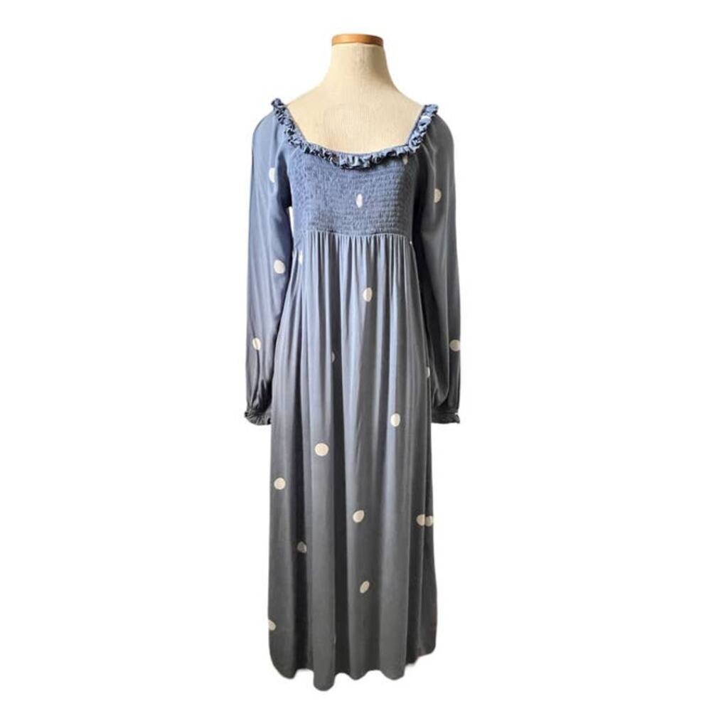 Nordstrom Smocked Midi Dress Square Neck Ruffle Size M Blue White Big Polka Dot